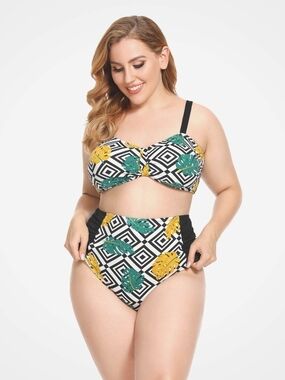AS ROSE RICH PLUS SIZE BLACK GREEN GEO LEAF HIGH-WAIST BIKINI SET  1X NWT
